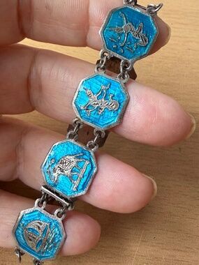 VINTAGE SIAM SILVER VIVID TURQUOISE BLUE COLOR ENAMEL BRACELET